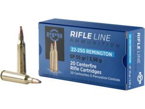 PPU 22-250 Remington Ammo 55 Grain Jacketed Soft Point Box of 1000
