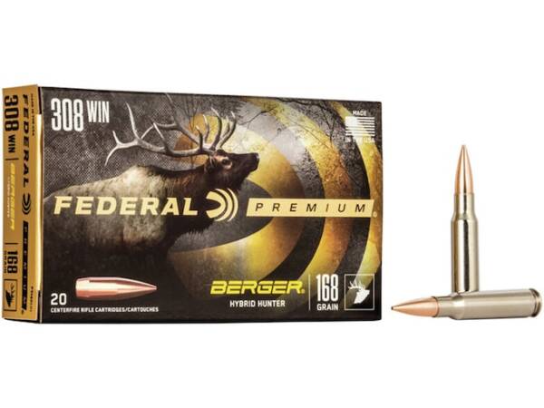 Federal Premium 308 Winchester Ammo 168 Grain Berger Hybrid Hunter Jacketed Hollow Point of 1000